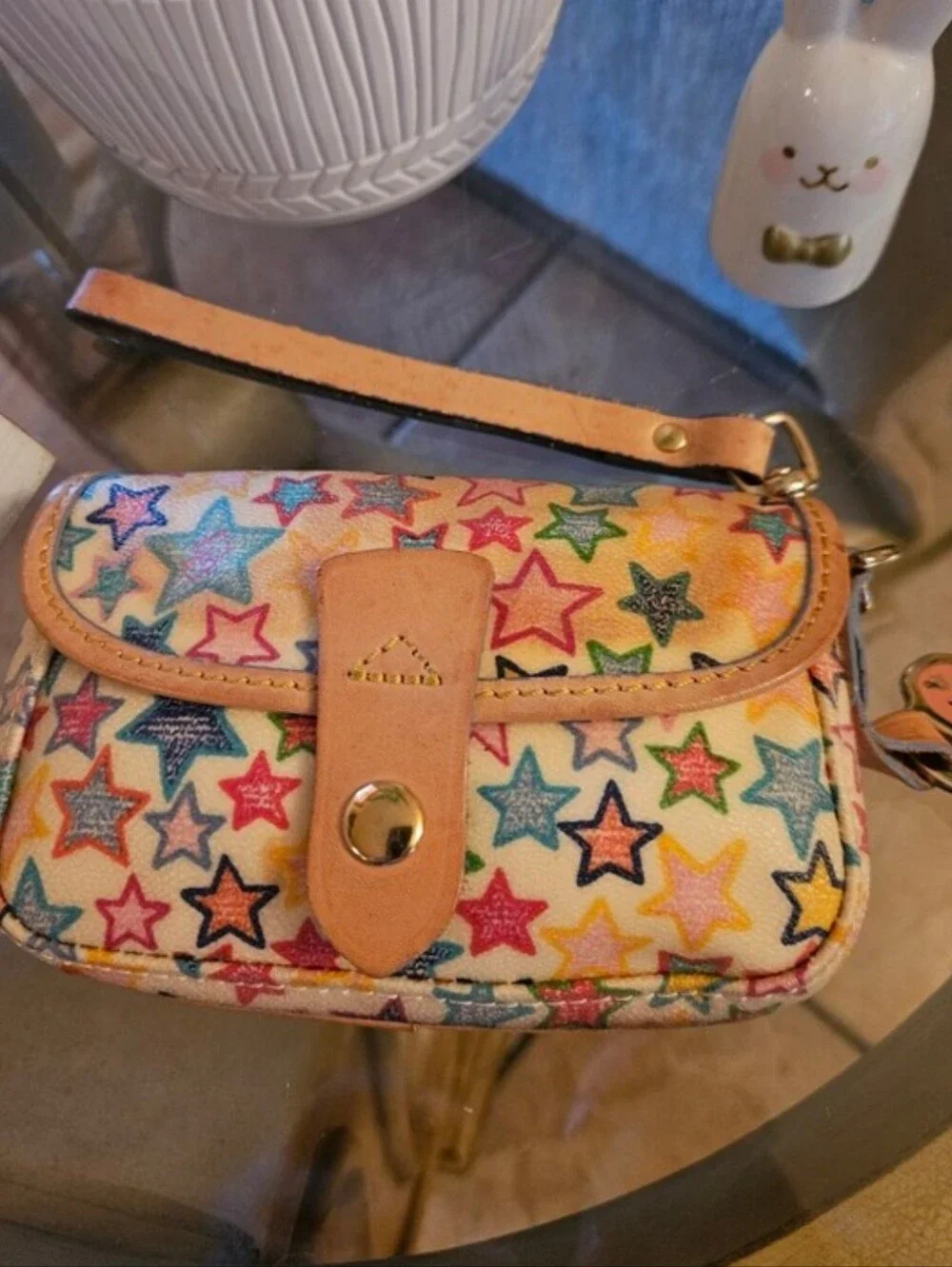Dooney & Bourke ☆Stars Multicolor Print Wristlet - Cream & Light Tan Trim